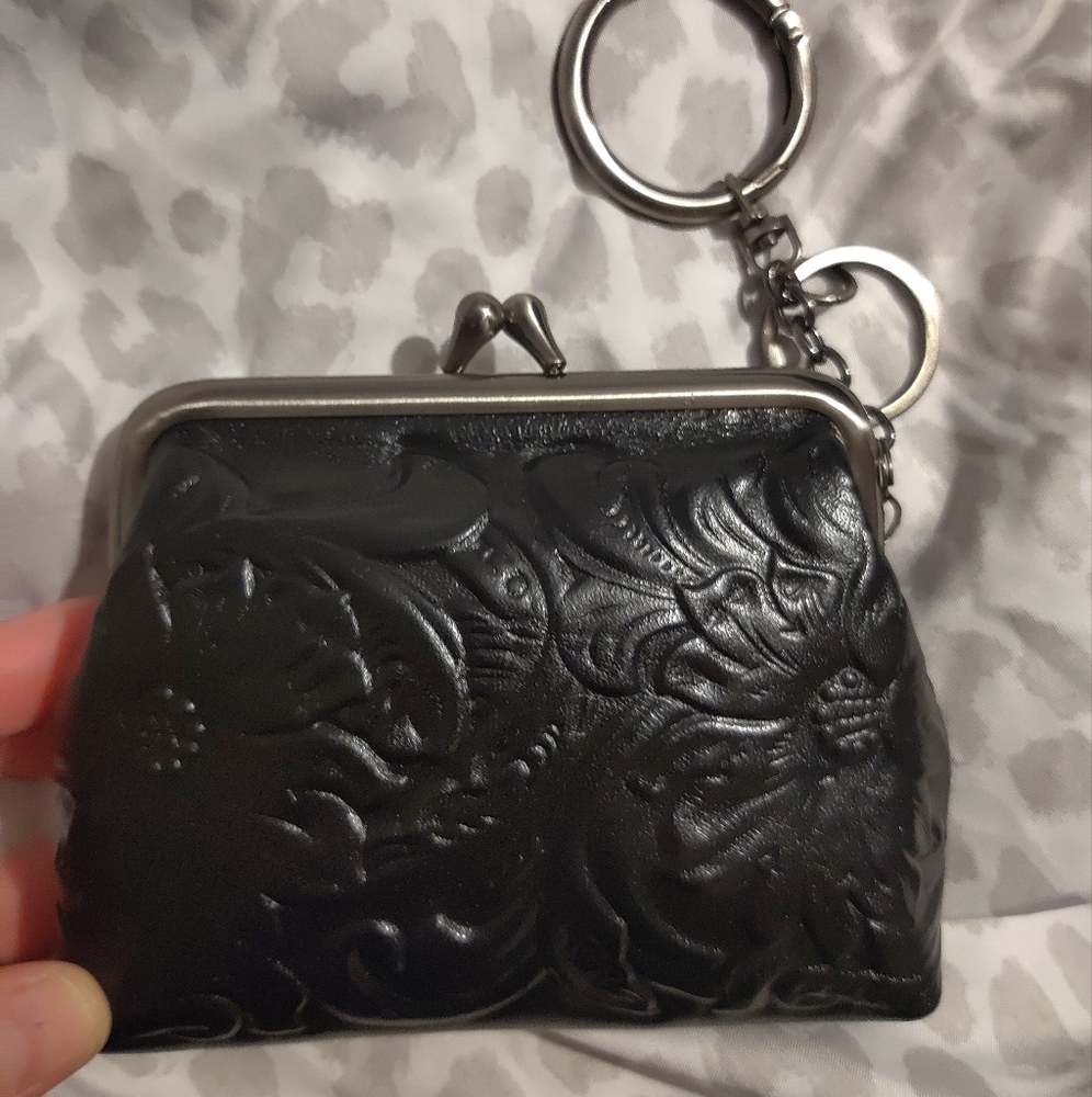 Patricia Nash Large Tooled Floral Black leather coin purse wallet